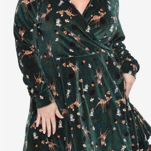 Disney Woman’s Bambi and Thumper Forest Woodland Green Velvet Dress Long Sleeve